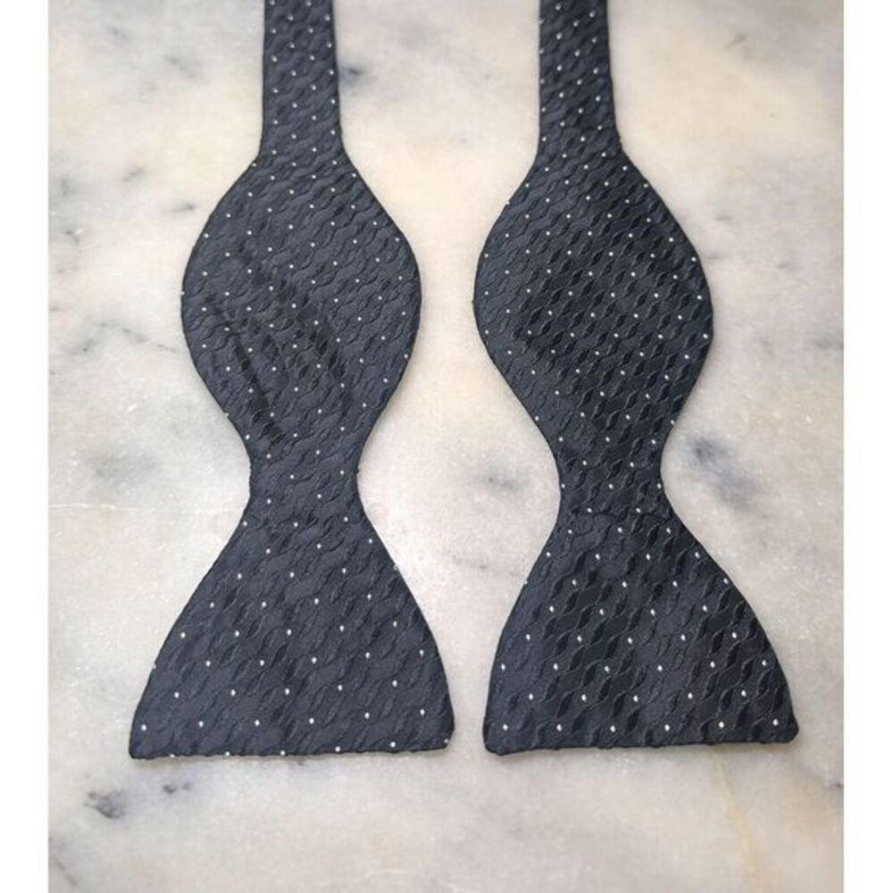100% Silk Black White Pin Dot Woven Textured Self Bow Tie Made In United Kingdom